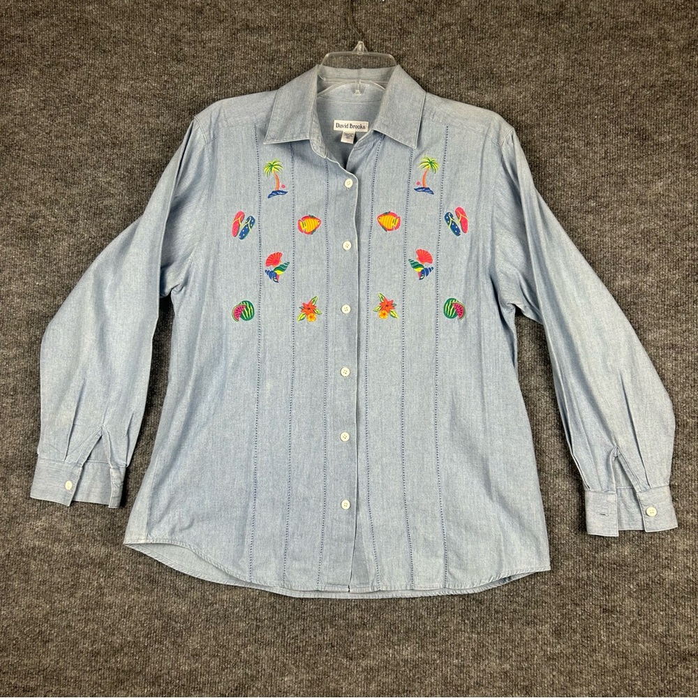 Vintage David Brooks Chambray Shirt Embroidered Tropical Button Up
